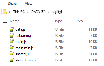 Hasil Kompres Banyak File Javascript Dengan UglifyJs