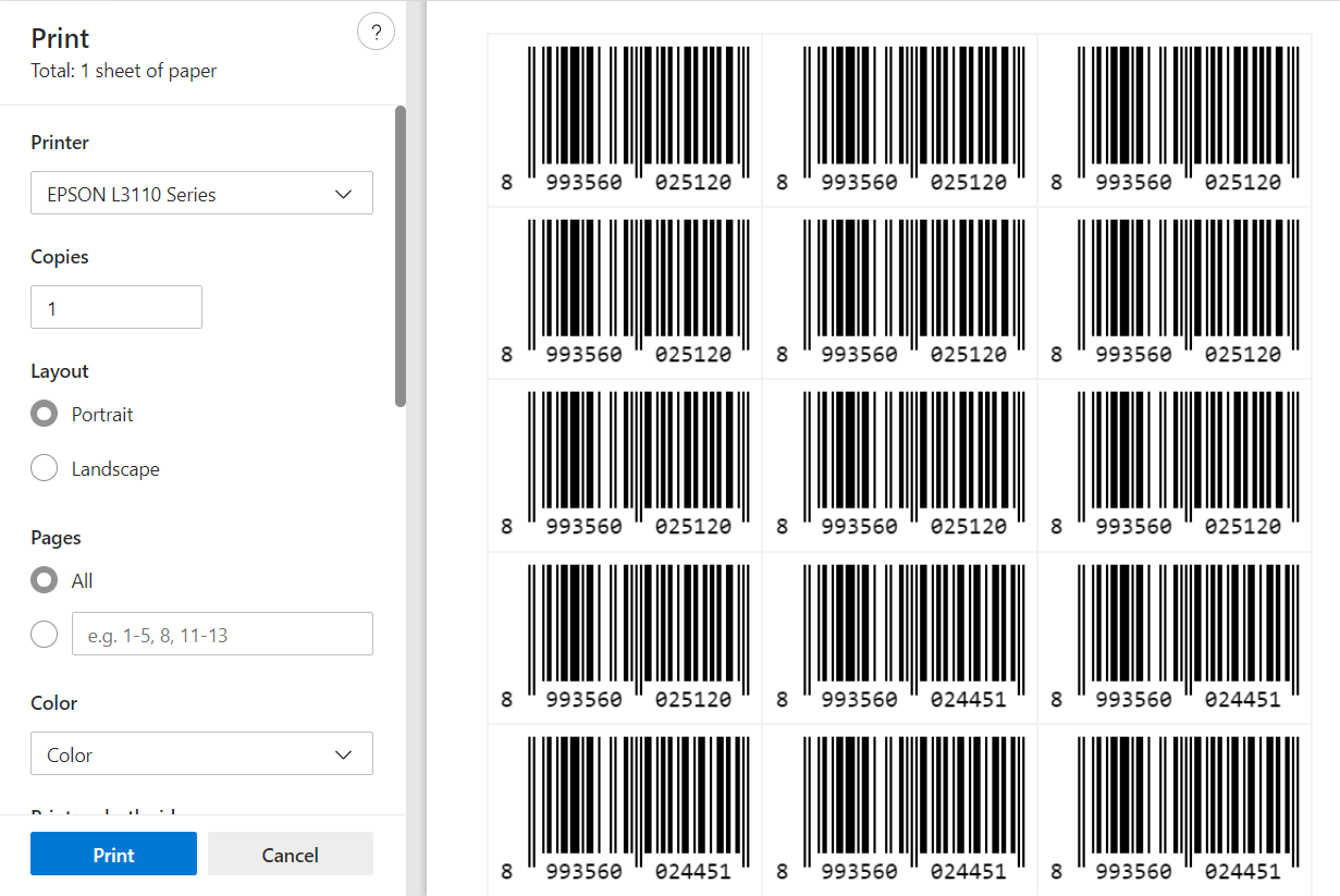 Tampilan Cetak Barcode Melalui Browser