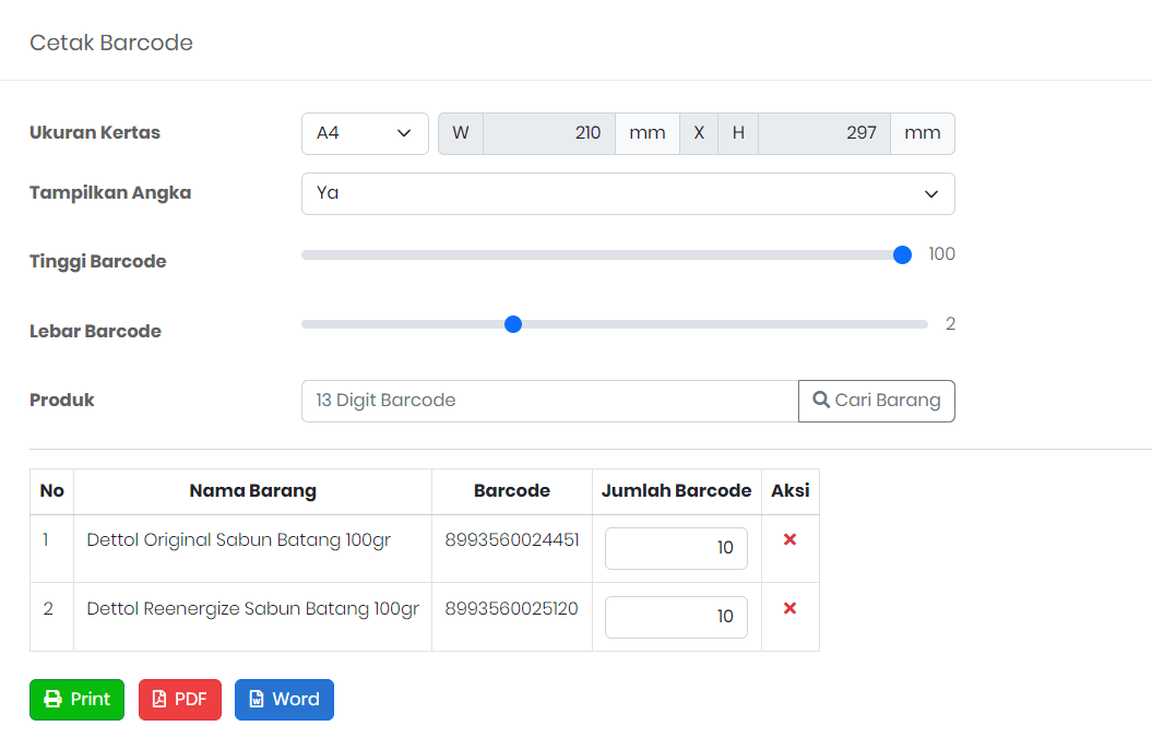 Tampilan Menu Cetak Barcode