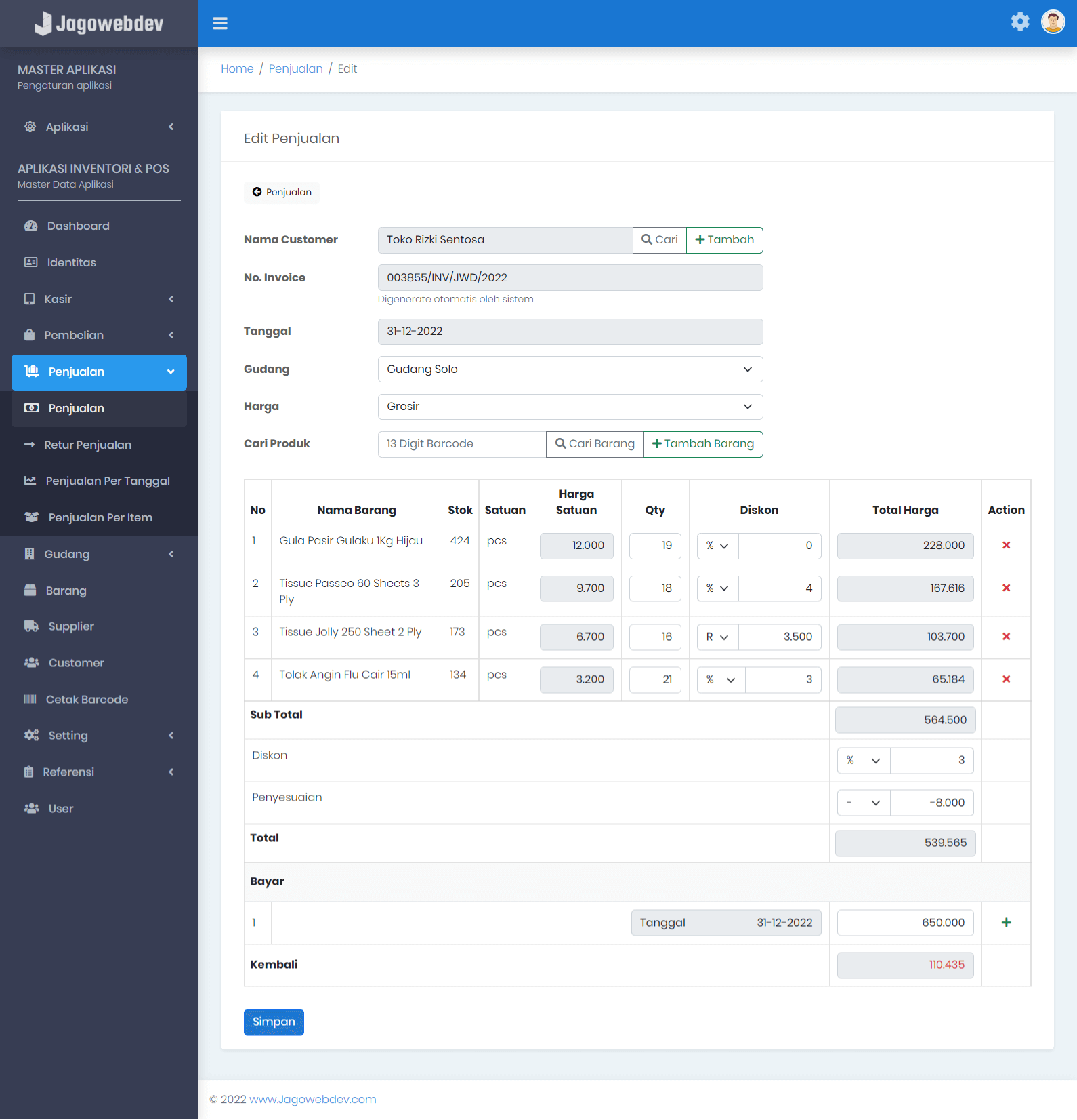 Menu Penjualan Layout Desktop